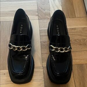 Aqua Glossy Black Loafers with Gold Chain
